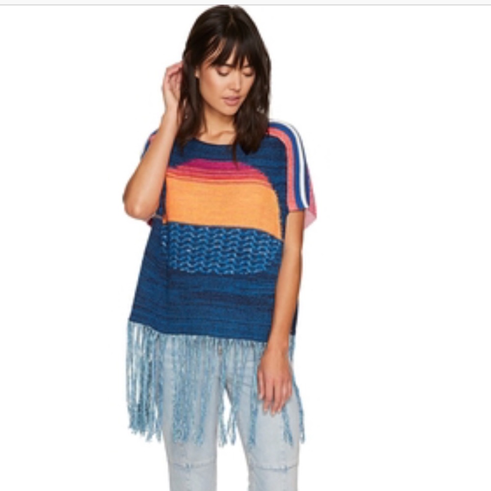 FREE PEOPLE Sunset Fringe Knit Sweater Blue Combo